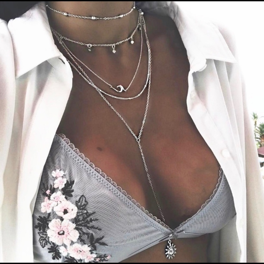 Bohemian silver sunburst 5 layer choker necklace